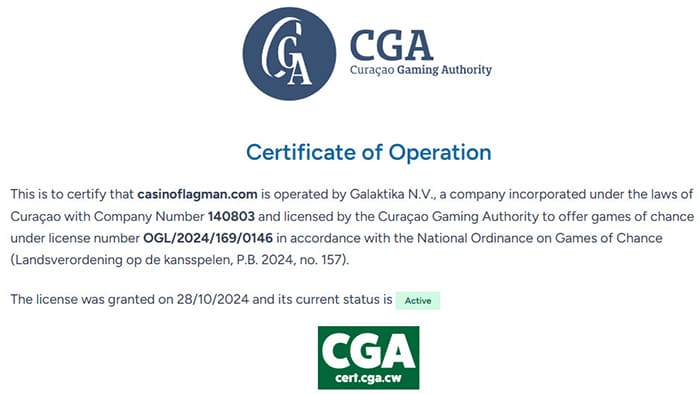 Информация о лицензии казино Флагман